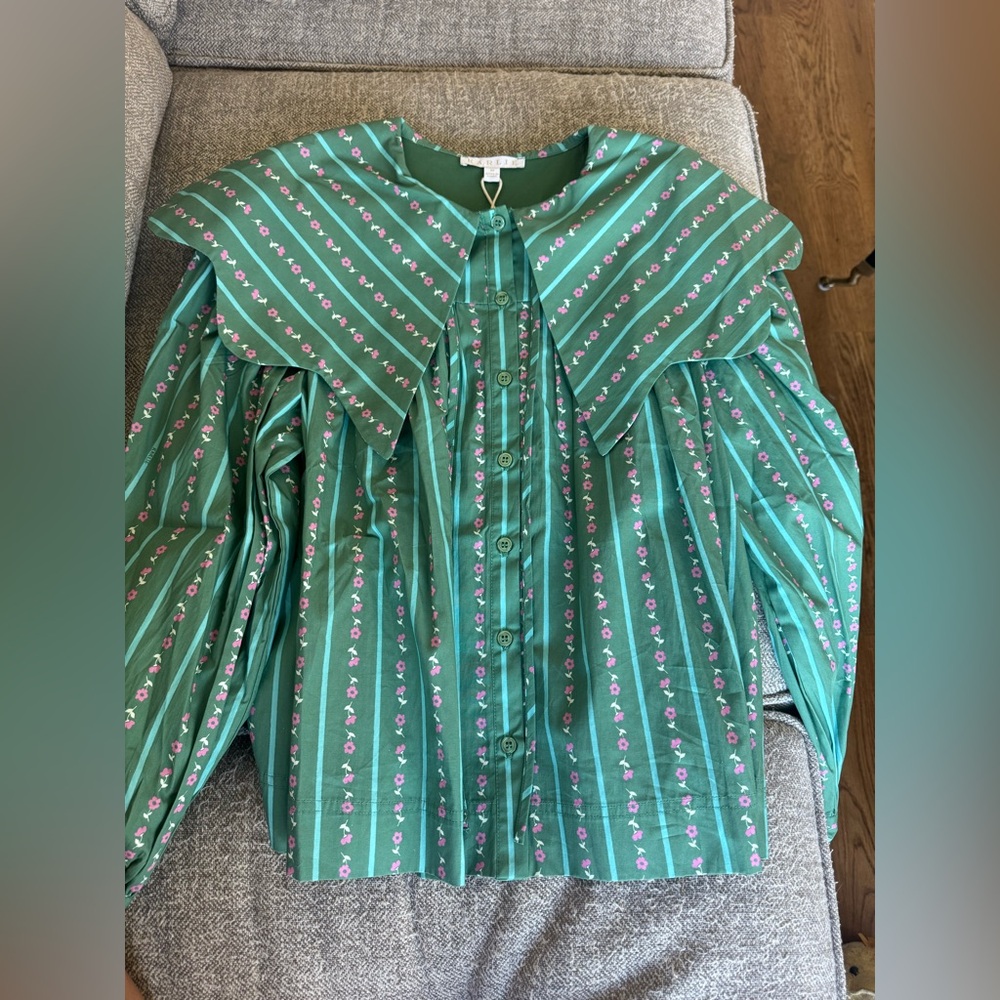 Karlie- NWT Floral Ditsy Green Striped Bow-Tie Collar Women's Blouse - Picture 3 of 6